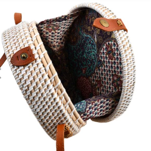 Handmade White Round Shape Rattan Crossbody Bag with Flamingo Printed Motif - Picture 5 of 5